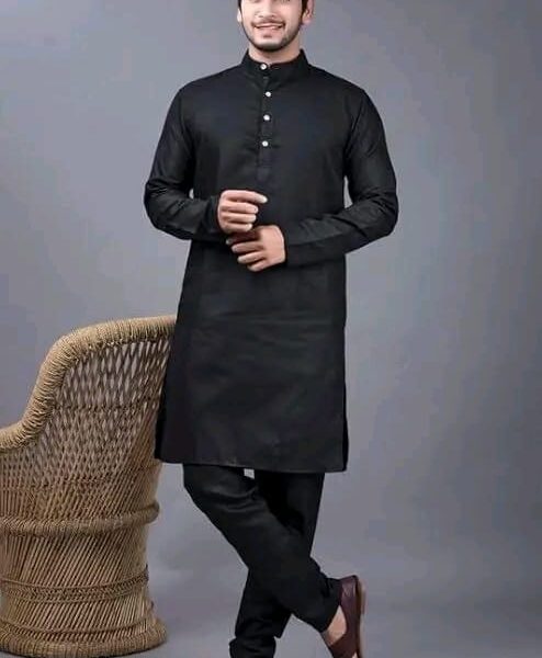 Men's Pure Black Cotton Kurta set & Long Jacket Set